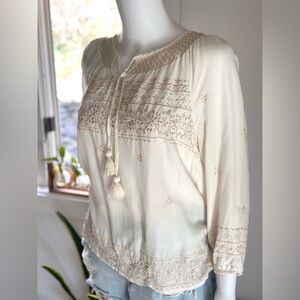 Lucky Boho Embroidered Tasseled Blouse Size XL